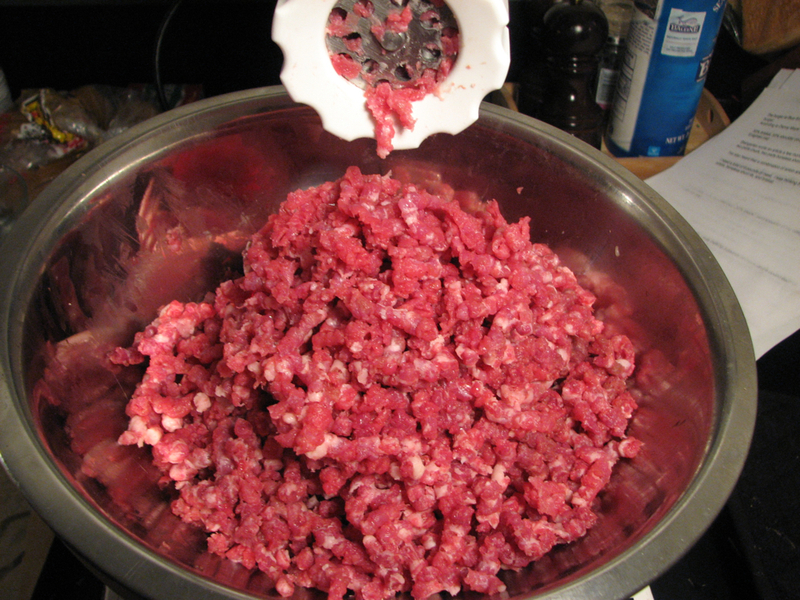 Making your own ground meat for burgers in food processor.